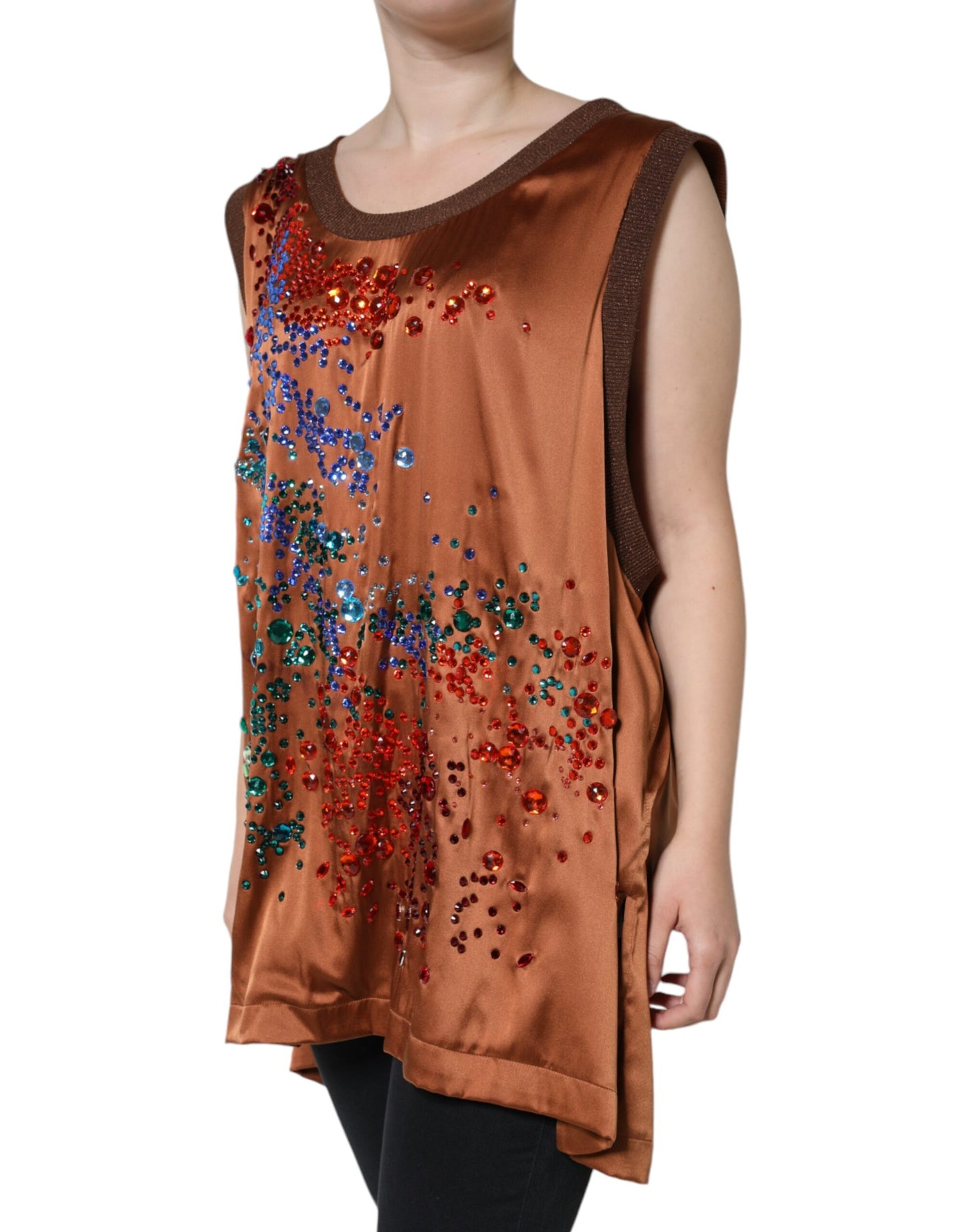 Dolce &amp; Gabbana Brown Crystal Embellished Sleeveless Tank Top