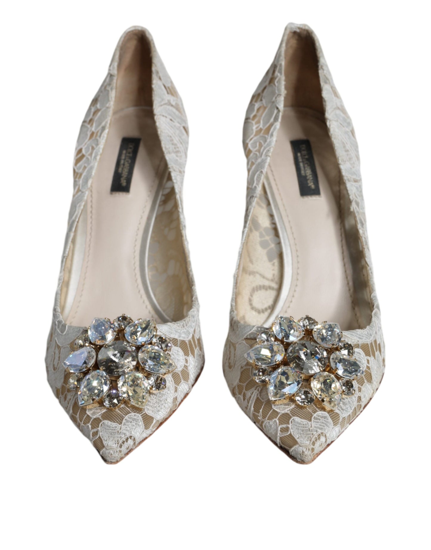 Dolce &amp; Gabbana White Taormina Lace Crystal Heel Pumps Shoes