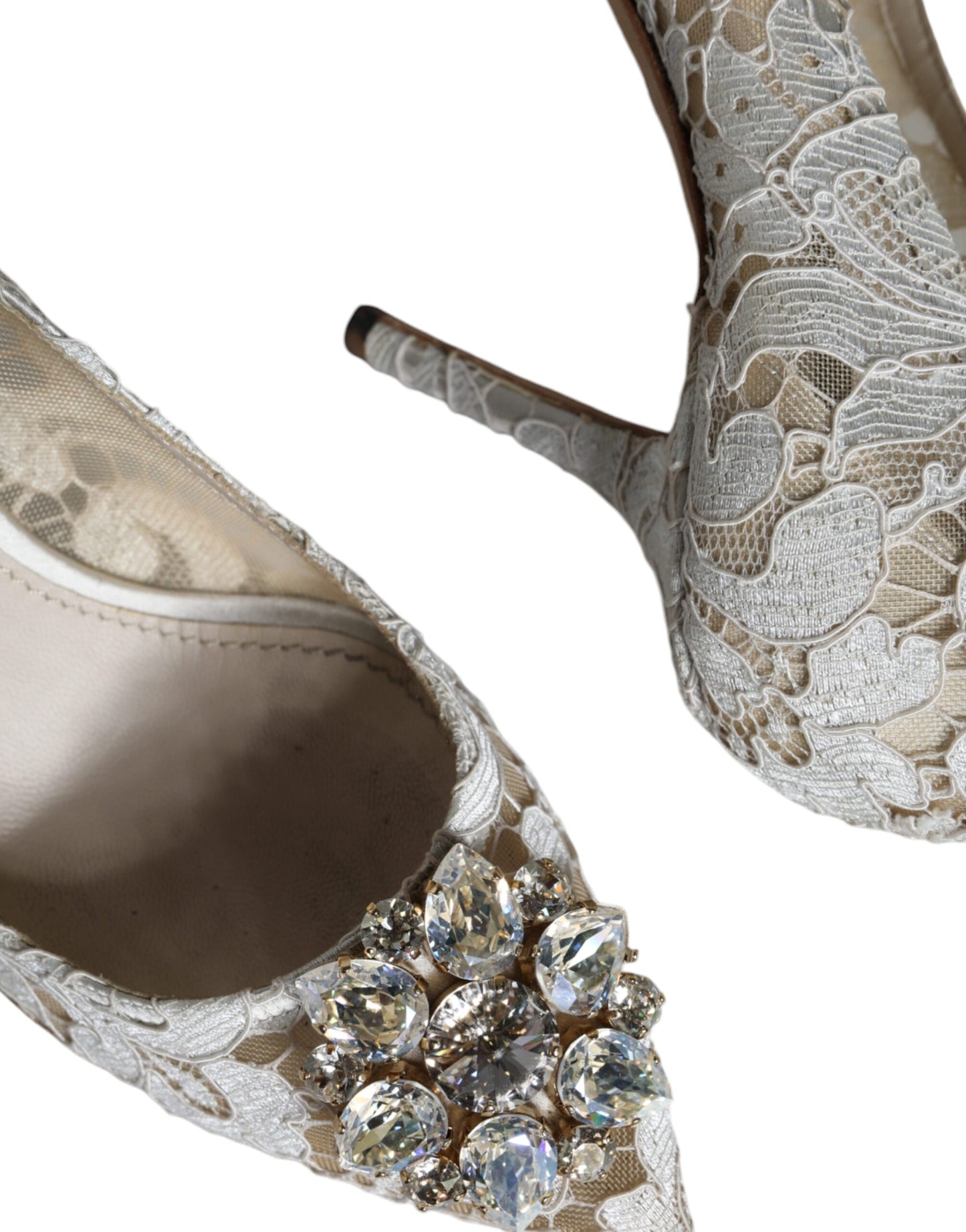 Dolce &amp; Gabbana White Taormina Lace Crystal Heel Pumps Shoes