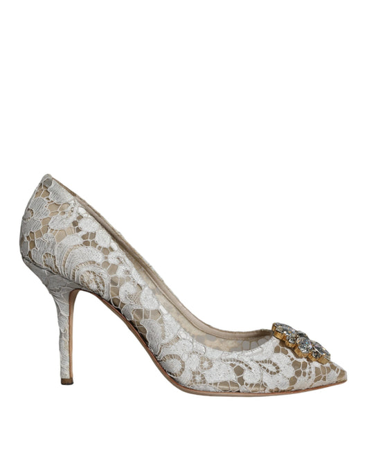 Dolce &amp; Gabbana White Taormina Lace Crystal Heel Pumps Shoes