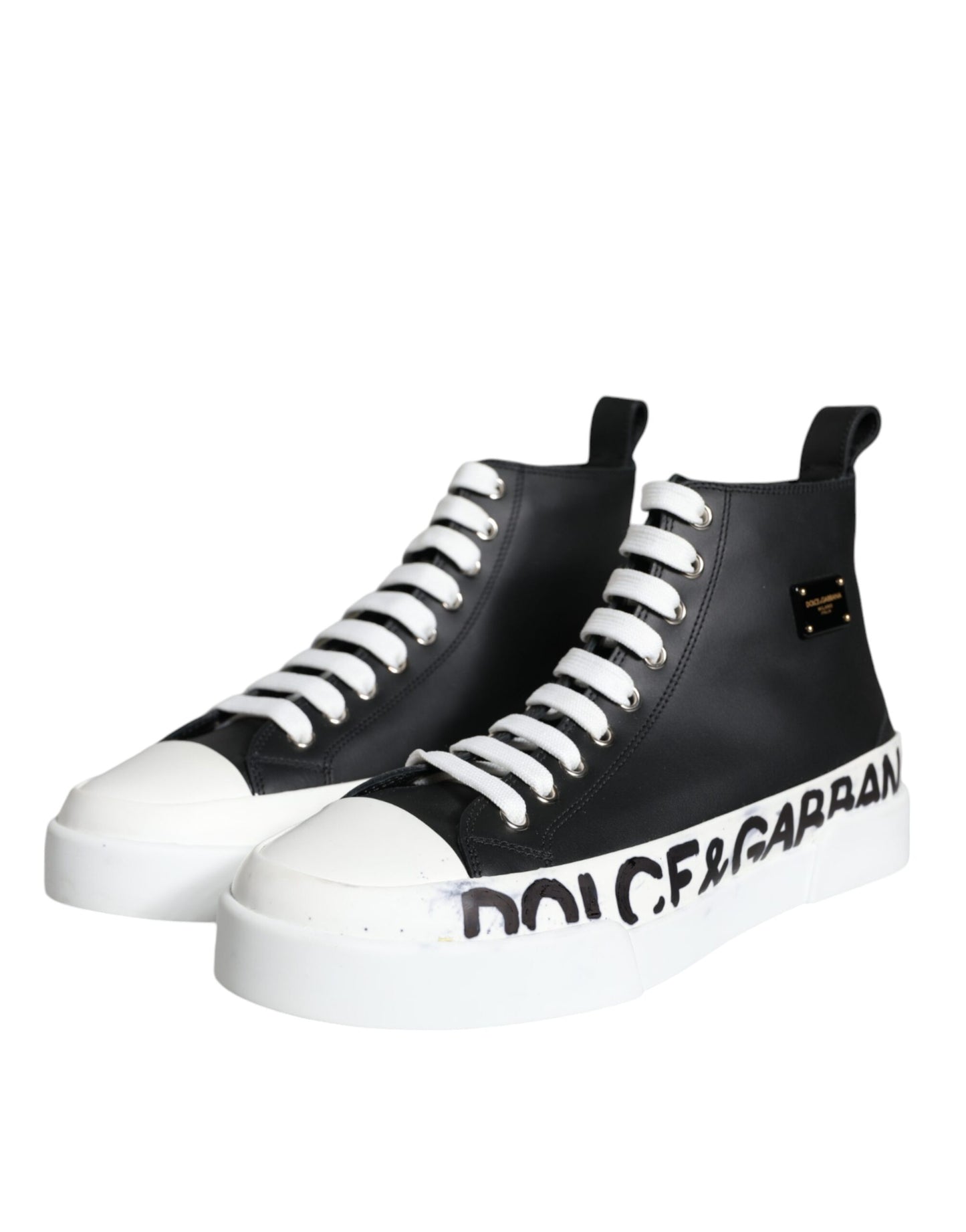 Dolce &amp; Gabbana Black White Leather Mid Top Sneakers Shoes