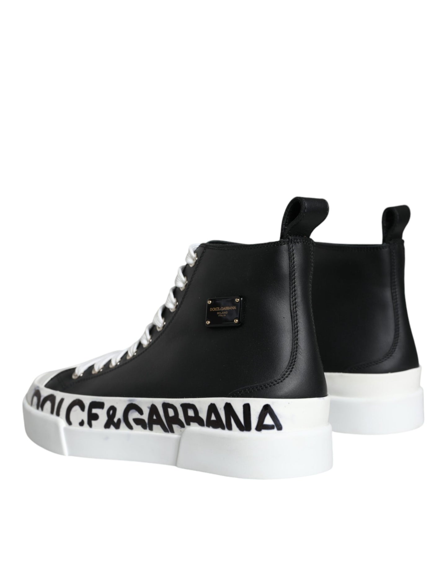 Dolce &amp; Gabbana Black White Leather Mid Top Sneakers Shoes