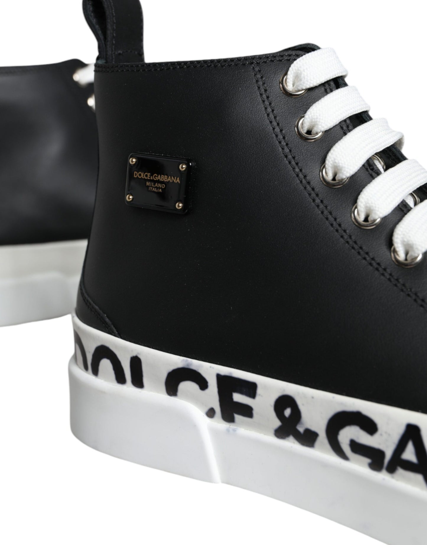 Dolce &amp; Gabbana Black White Leather Mid Top Sneakers Shoes