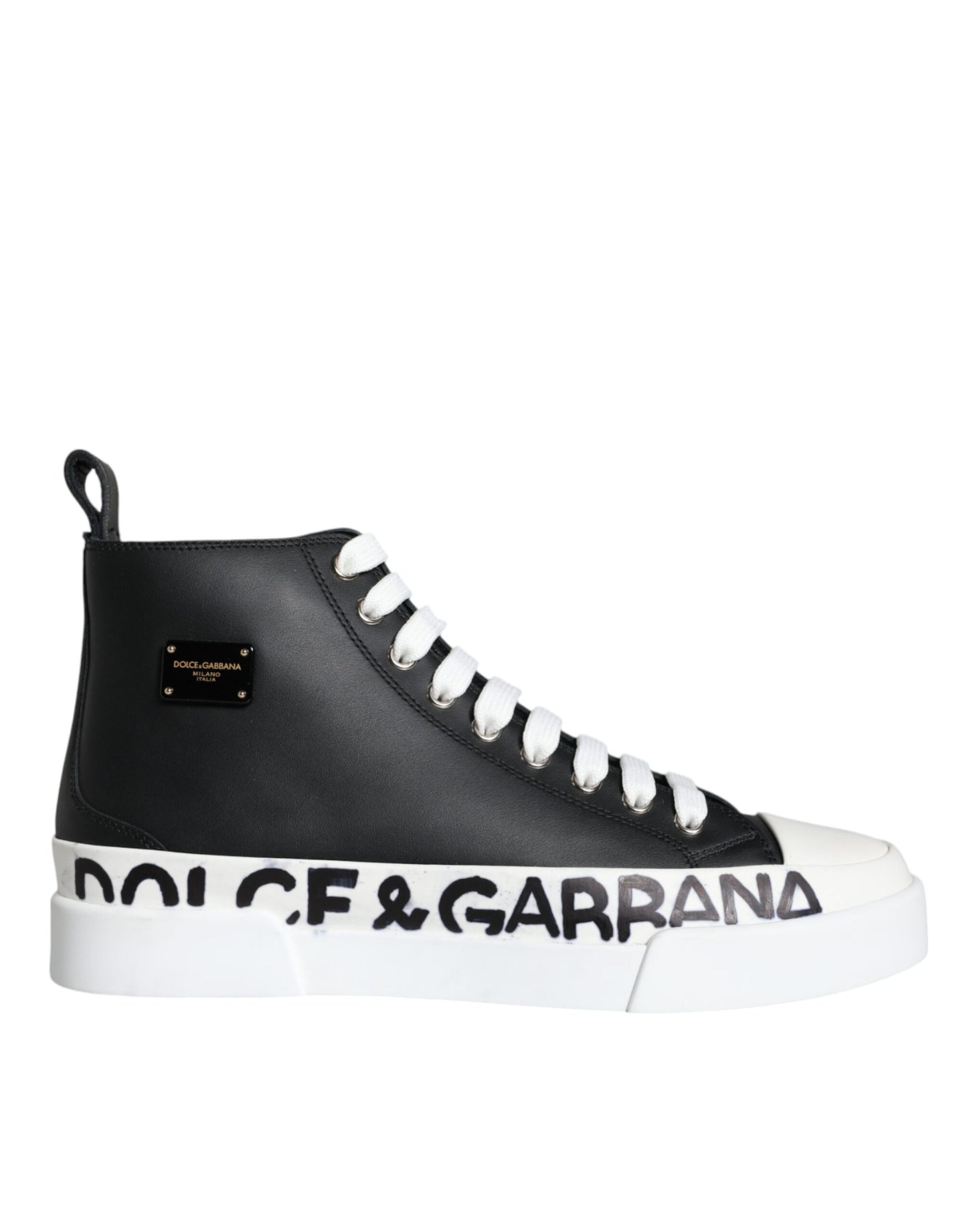 Dolce &amp; Gabbana Black White Leather Mid Top Sneakers Shoes