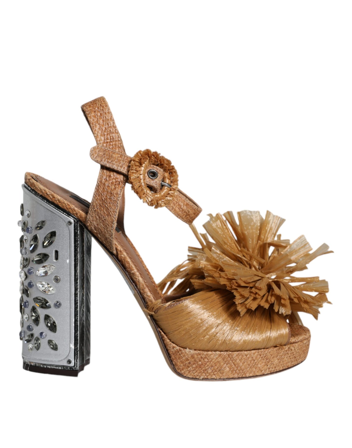 Dolce &amp; Gabbana Brown Raffia Ankle Strap Crystal Sandals Shoes