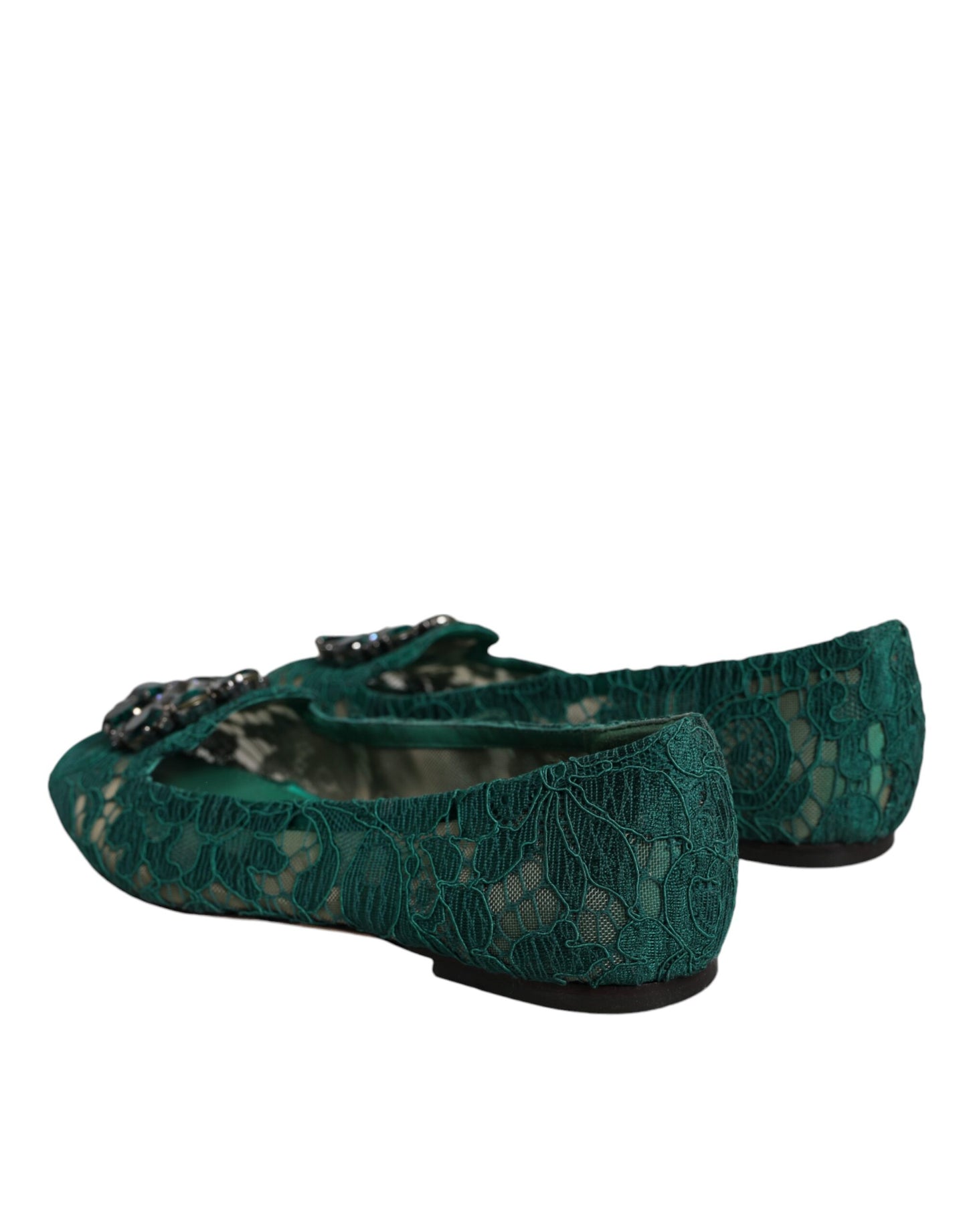 Dolce &amp; Gabbana Green Lace Crystal Ballet Flats Loafers Shoes