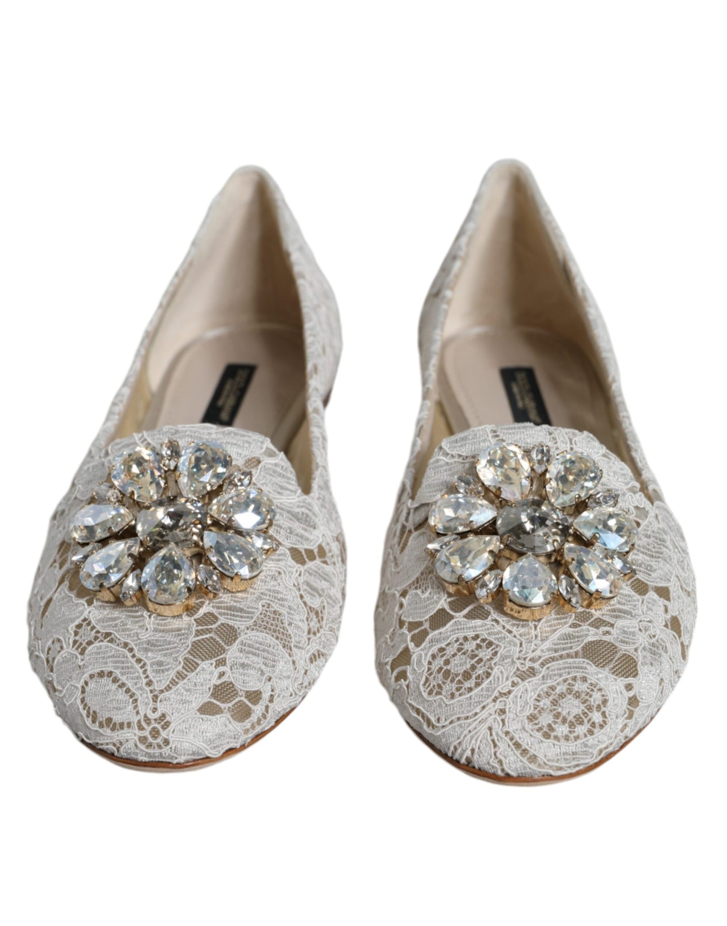 Dolce &amp; Gabbana White Lace Crystal Ballet Flats Loafers Shoes