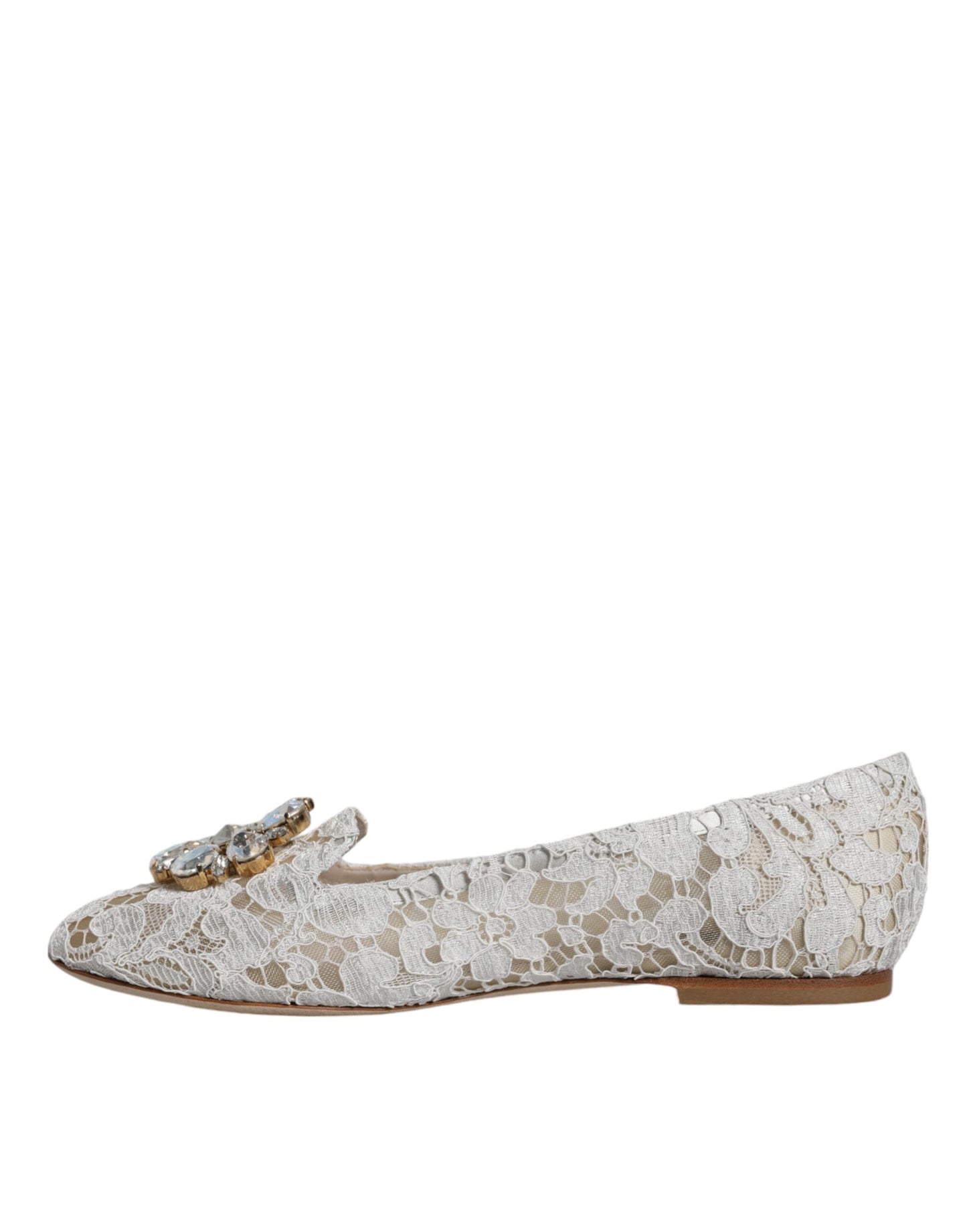 Dolce &amp; Gabbana White Lace Crystal Ballet Flats Loafers Shoes