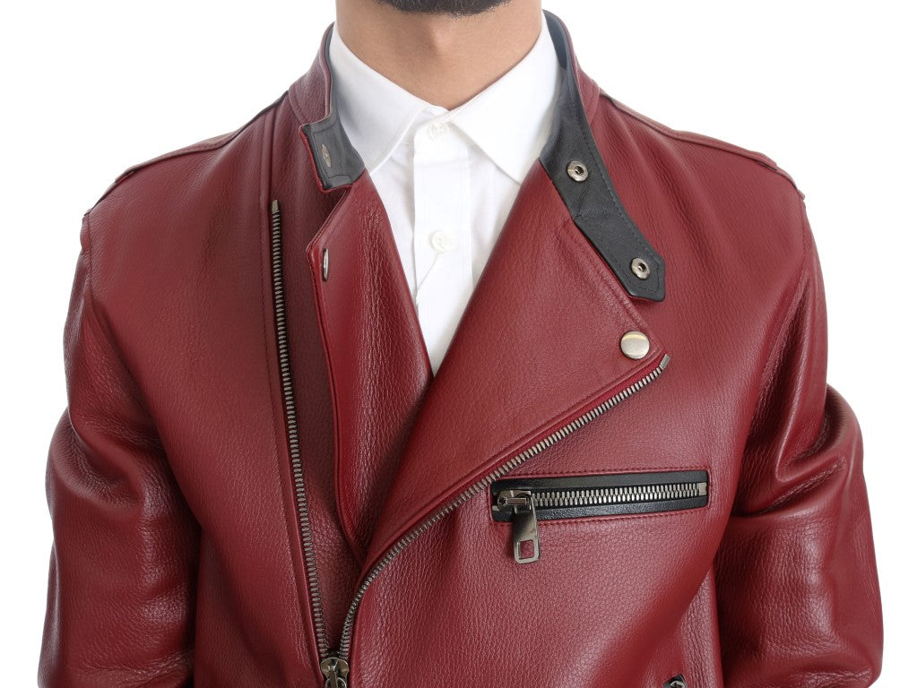 Dolce &amp; Gabbana Bright Red Leather Biker Motorcycle Jacket