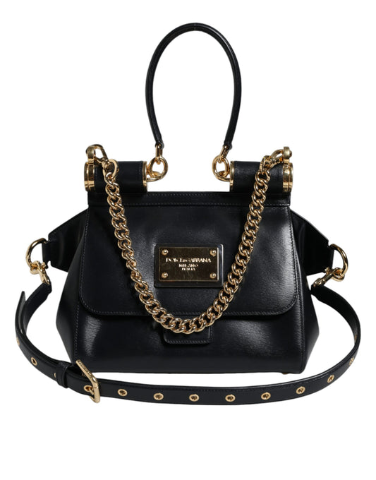 Dolce & Gabbana Black Calfskin Leather SICILY Chain Strap Crossbody Bag