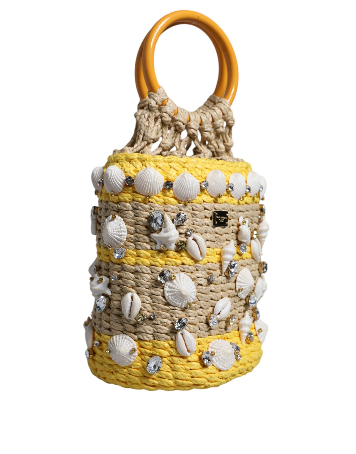 Dolce &amp; Gabbana Beige Yellow Rafia Seashells Crystal Bucket Bag