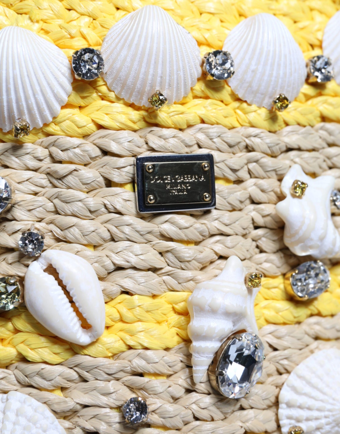 Dolce &amp; Gabbana Beige Yellow Rafia Seashells Crystal Bucket Bag