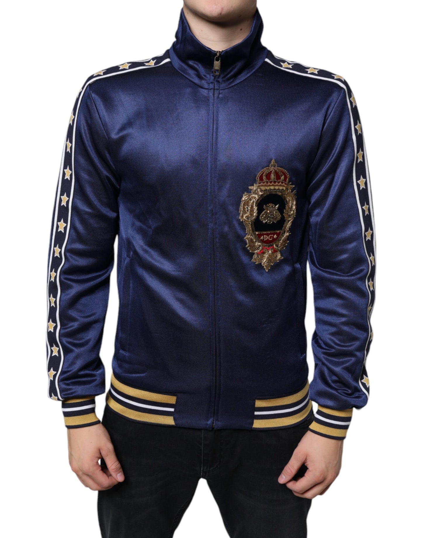 Dolce &amp; Gabbana Blue Heraldic Patch Stripe King Bee Sweater