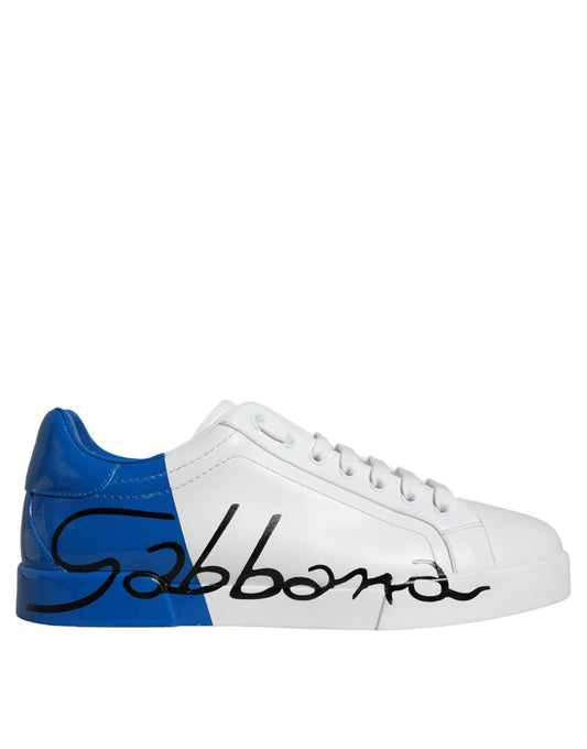 Dolce &amp; Gabbana White Blue Leather Logo Low Top Sneakers Shoes