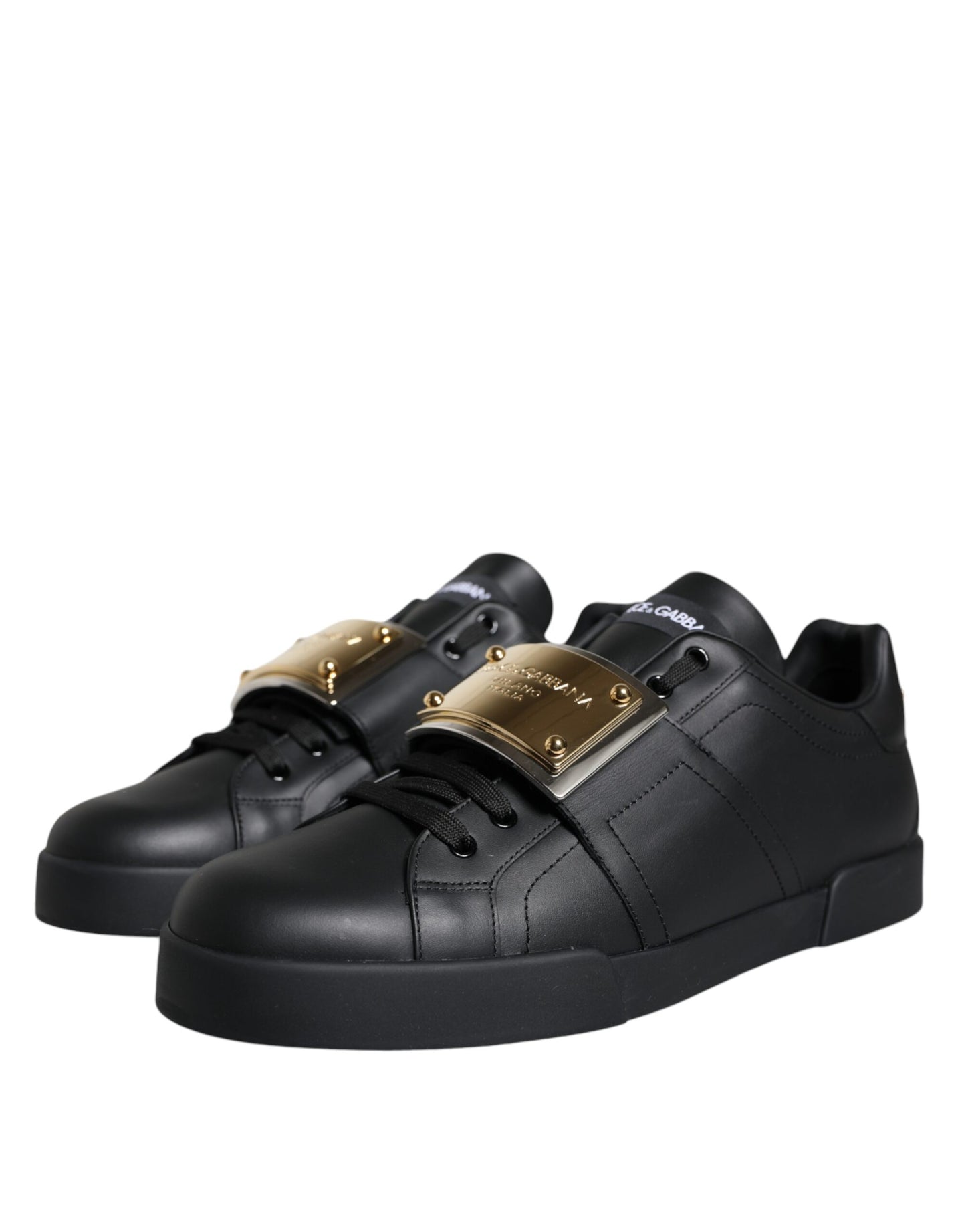 Dolce &amp; Gabbana Black Leather Low Top Portofino Sneakers Shoes