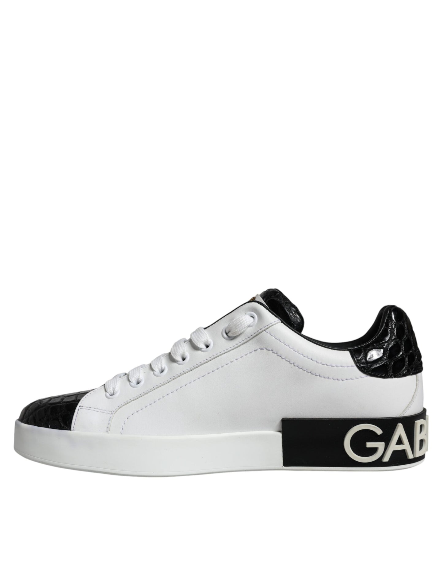 Dolce &amp; Gabbana Black Leather Logo Portofino Sneaker Shoes