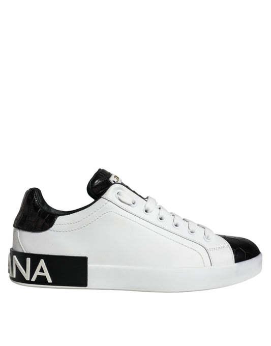 Dolce &amp; Gabbana Black Leather Logo Portofino Sneaker Shoes