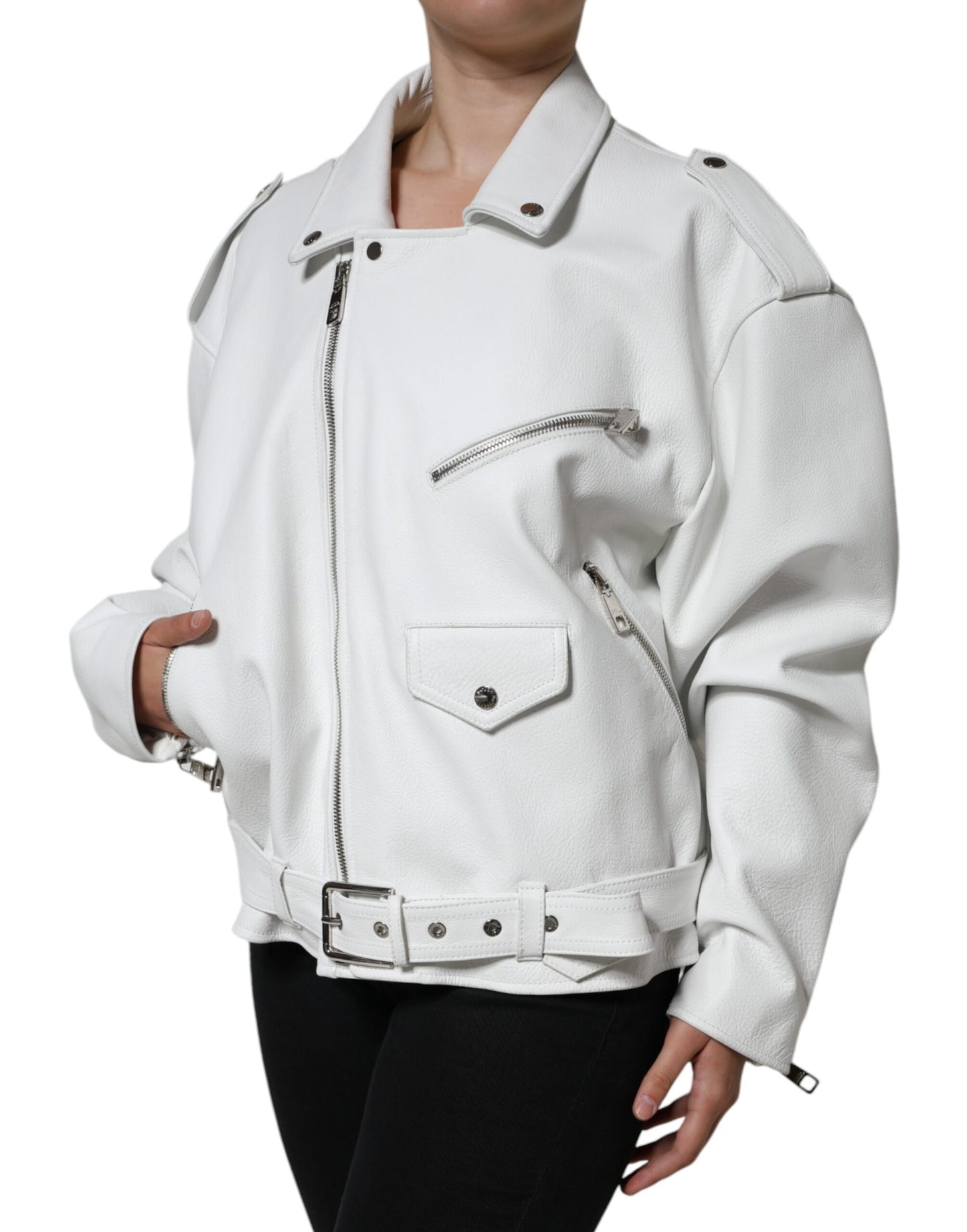 Dolce &amp; Gabbana White Lambskin Leather Biker Coat Jacket