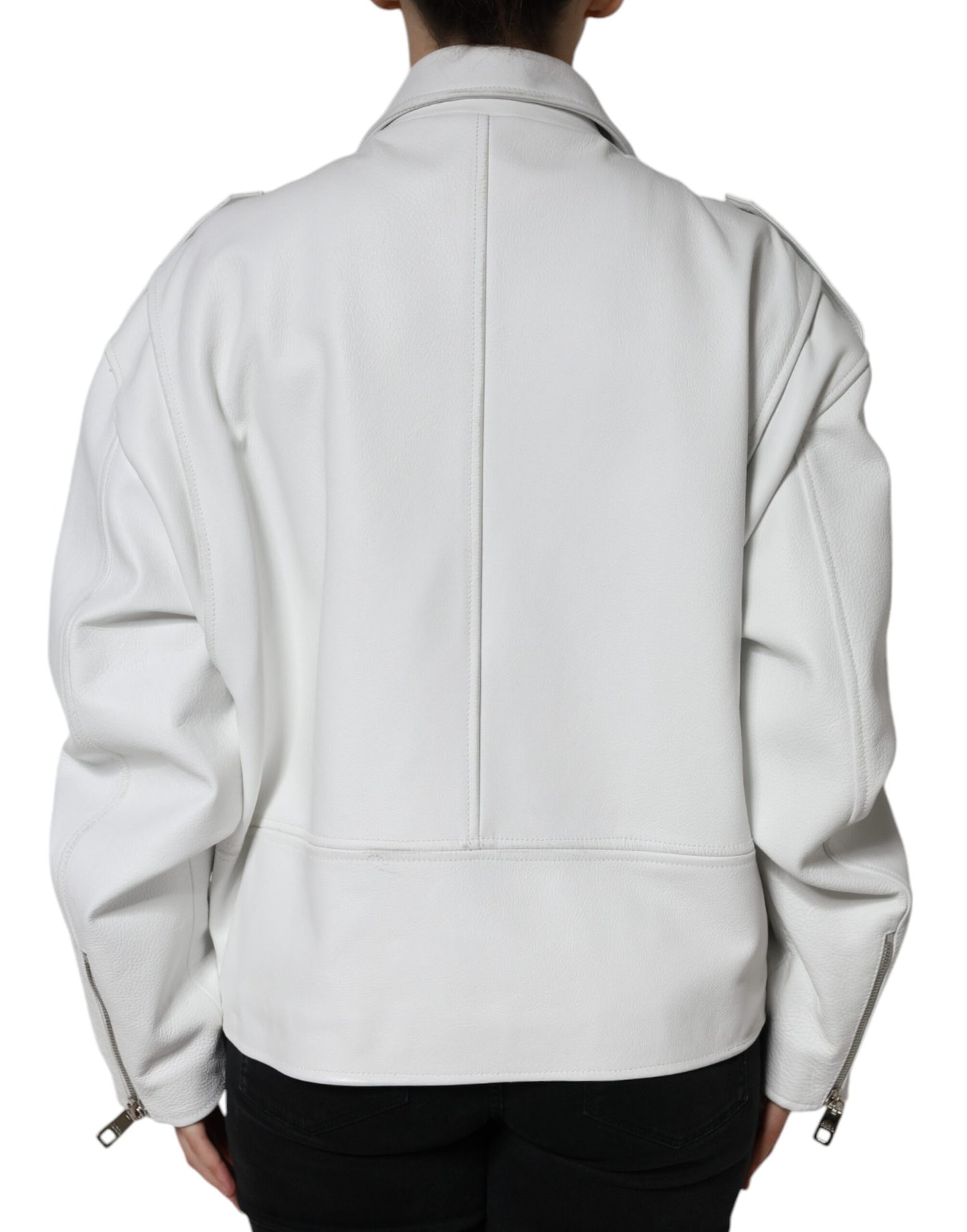 Dolce &amp; Gabbana White Lambskin Leather Biker Coat Jacket