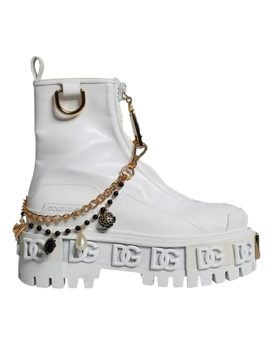 Dolce &amp; Gabbana White Rubber Embellished Logo Ankle Boots Shoes