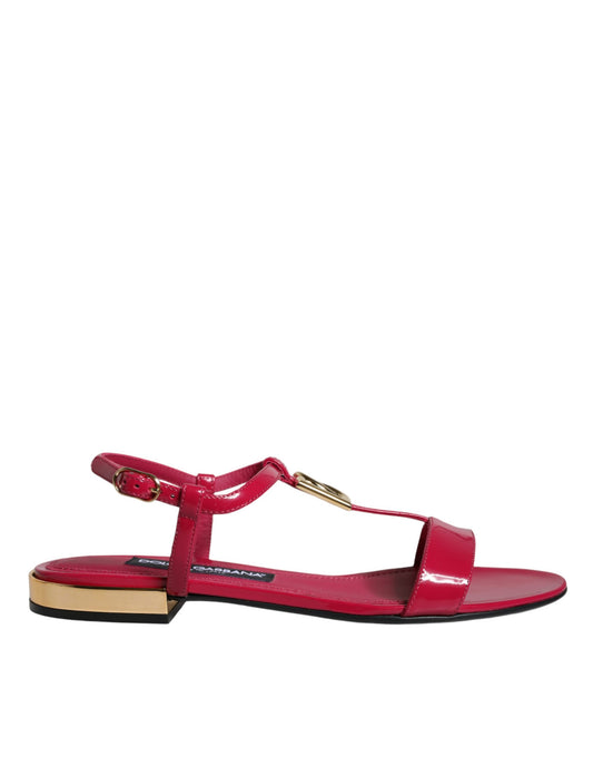 Dolce &amp; Gabbana Red Leather Logo Ankle Strap Flats Sandals Shoes