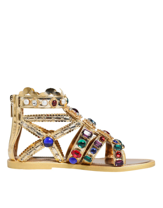 Dolce &amp; Gabbana Gold Leather Crystal Gladiator Sandals Flats Shoes