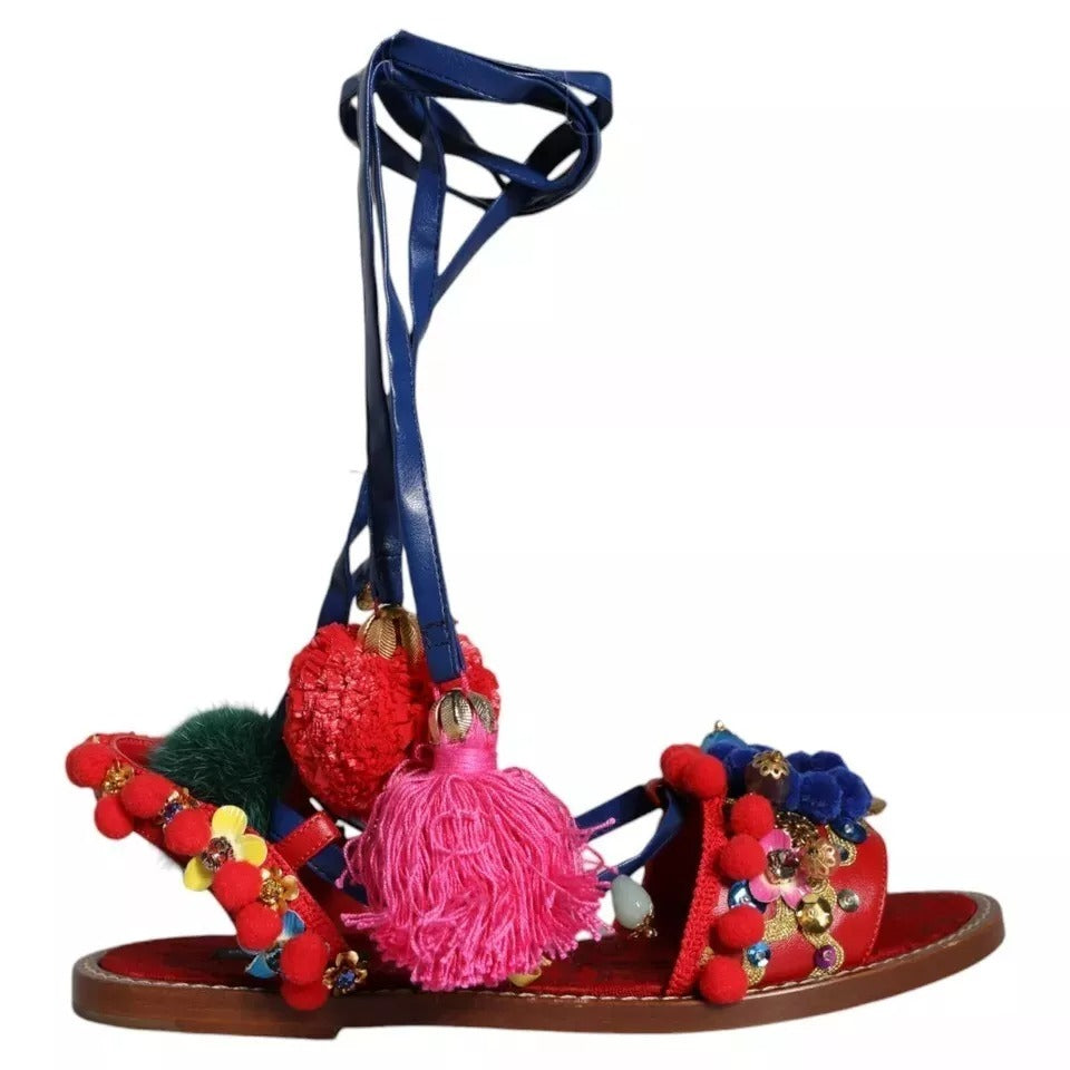 Dolce &amp; Gabbana Multicolor Pom Pom Fur Wrap Sandals Shoes