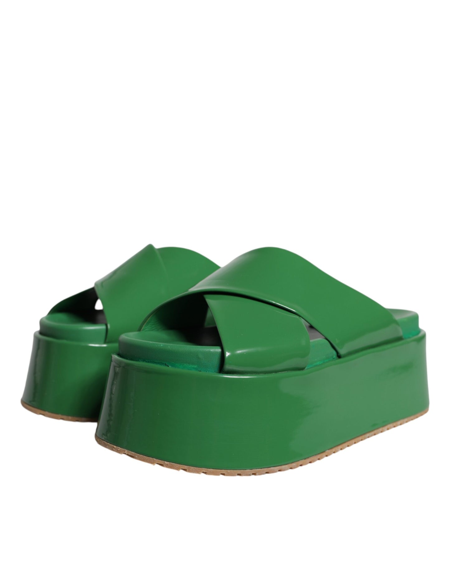 Dolce &amp; Gabbana Green Leather Wedge Slides Sandals Shoes