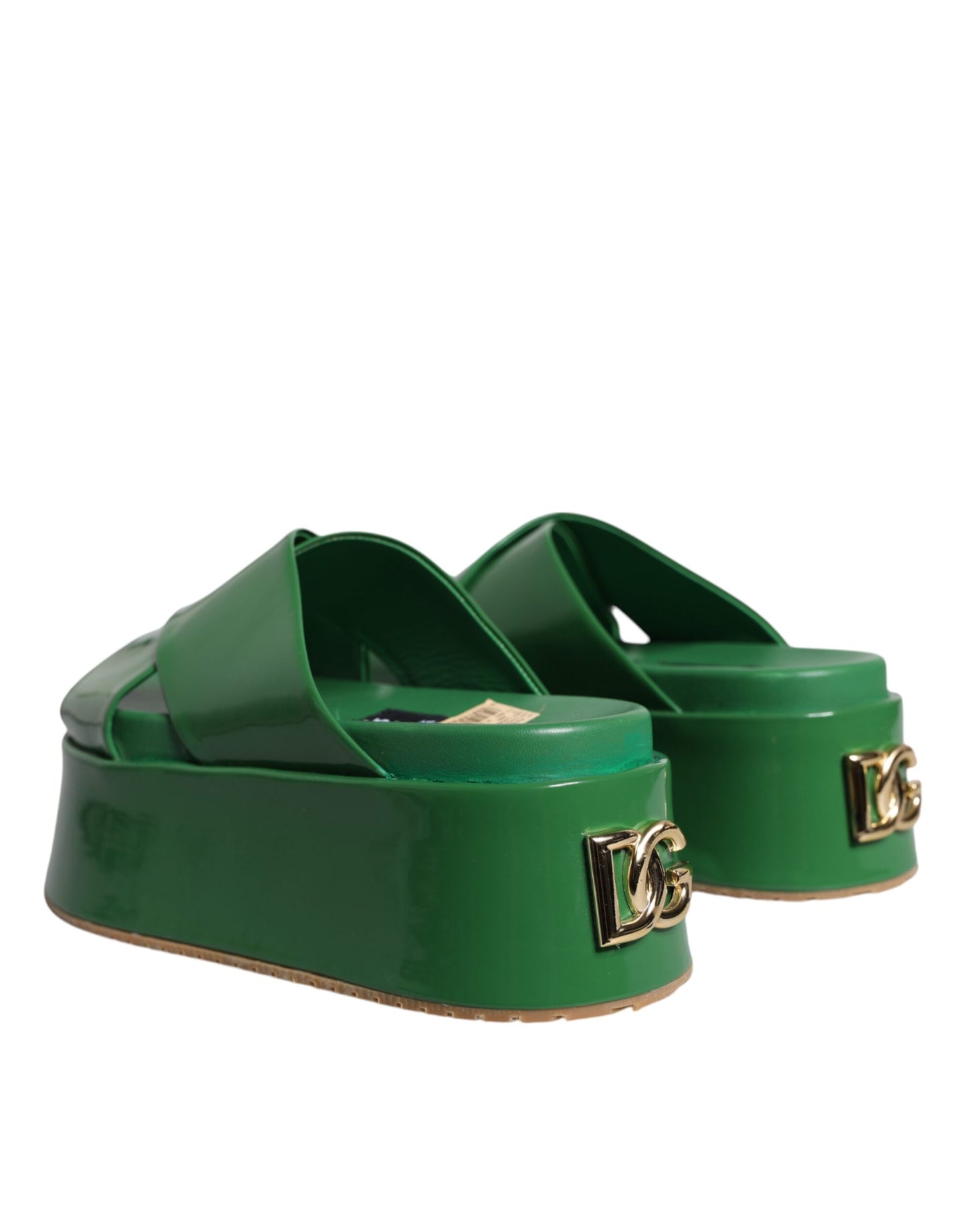 Dolce &amp; Gabbana Green Leather Wedge Slides Sandals Shoes