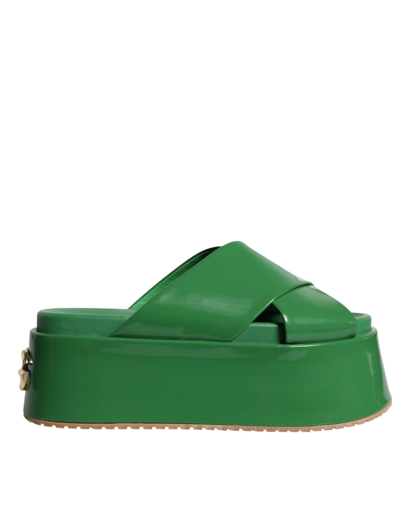 Dolce &amp; Gabbana Green Leather Wedge Slides Sandals Shoes