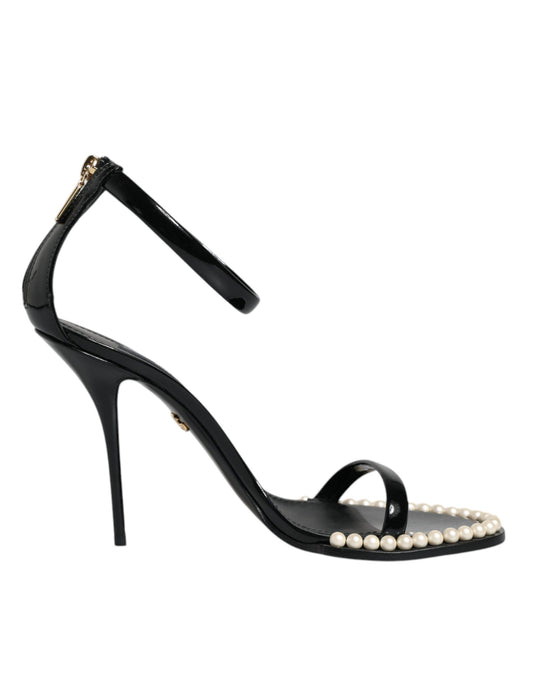 Dolce &amp; Gabbana Black Keira Leather Faux Pearl Sandals Heels Shoes