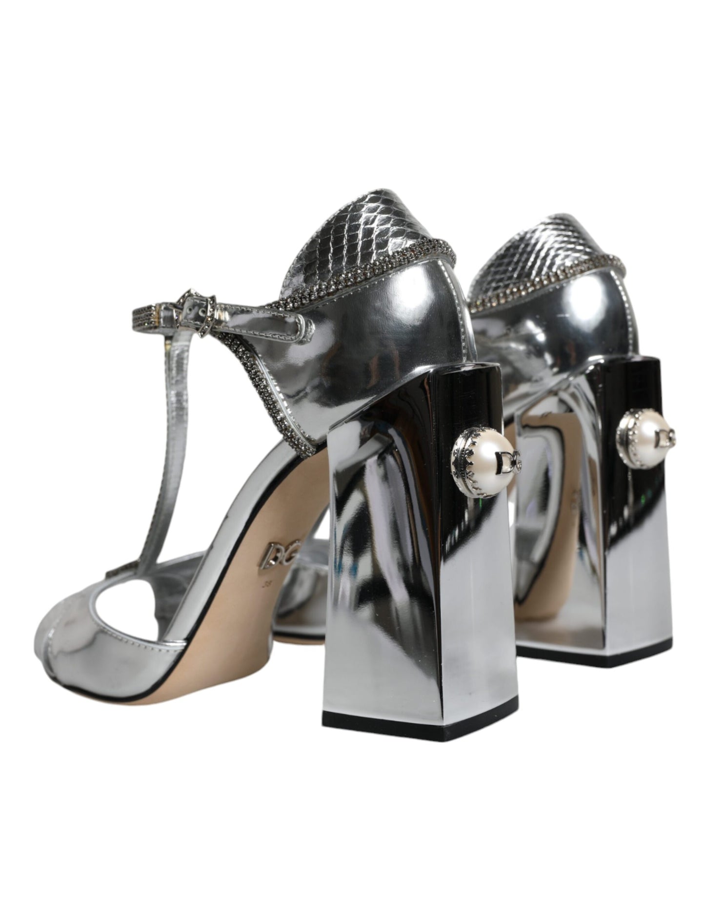 Dolce &amp; Gabbana Silver Leather T-strap Heels Sandals Shoes