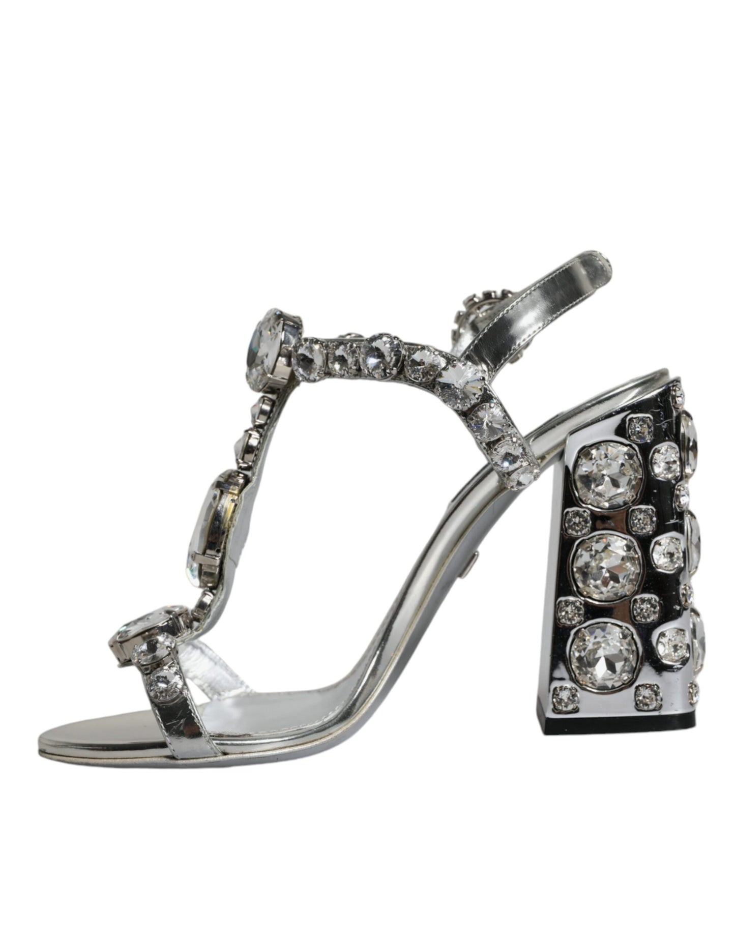 Dolce &amp; Gabbana Silver Leather T-strap Crystal Sandals Shoes