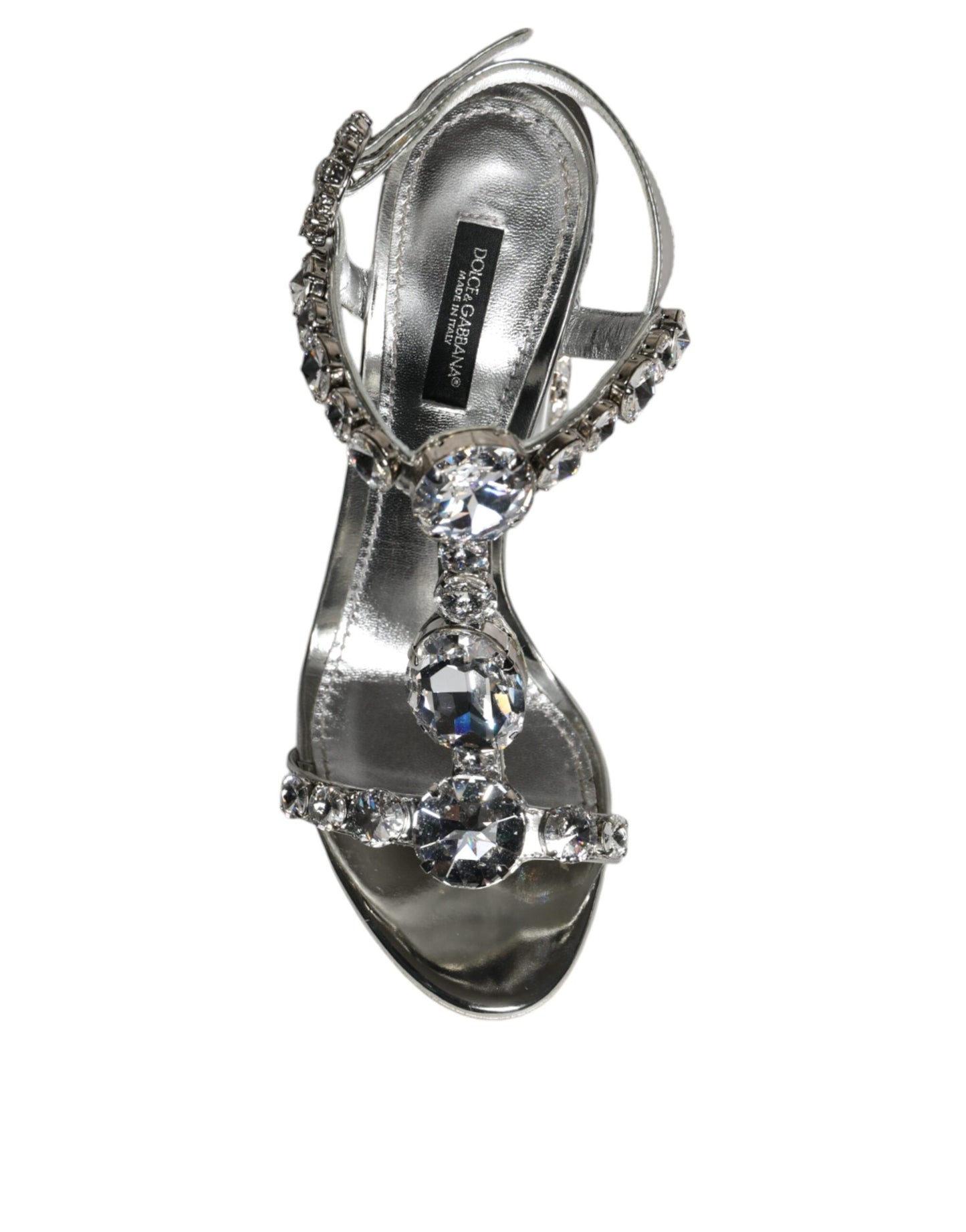 Dolce &amp; Gabbana Silver Leather T-strap Crystal Sandals Shoes