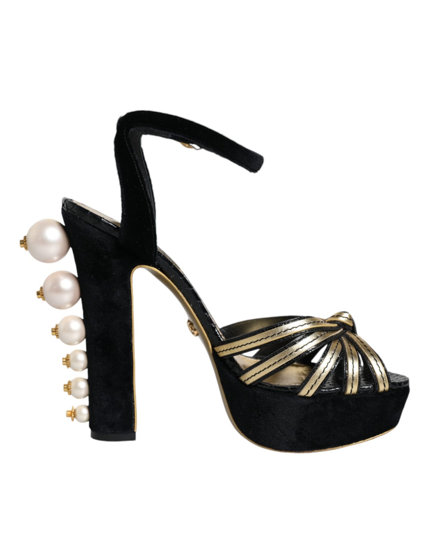 Dolce &amp; Gabbana Black Leather Faux Pearl Heel Sandals Shoes