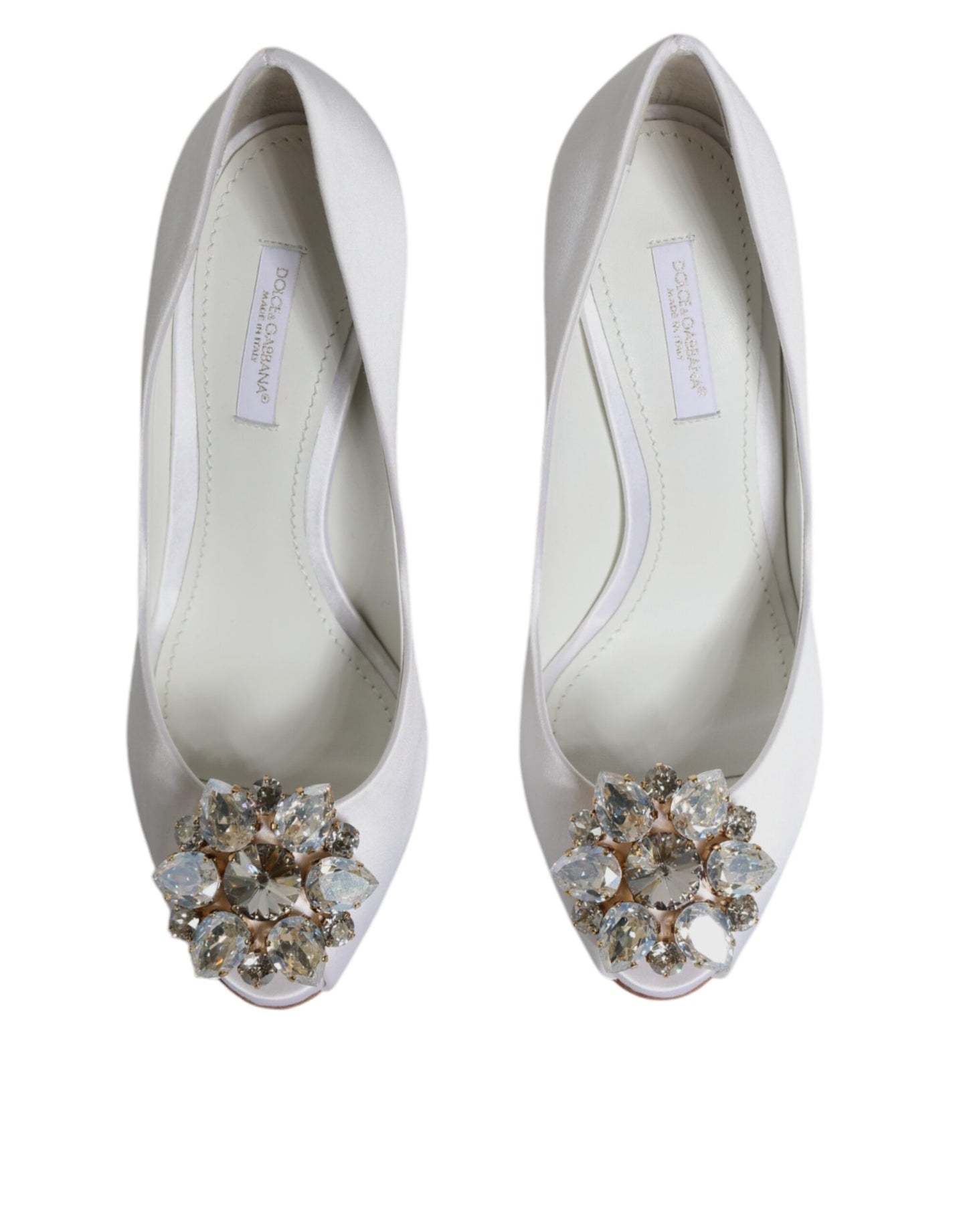 Dolce &amp; Gabbana White Crystals Peep Toe Satin Pumps Shoes