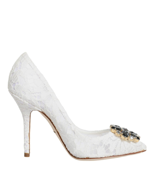 Dolce &amp; Gabbana White Taormina Lace Crystal Heels Pumps Shoes