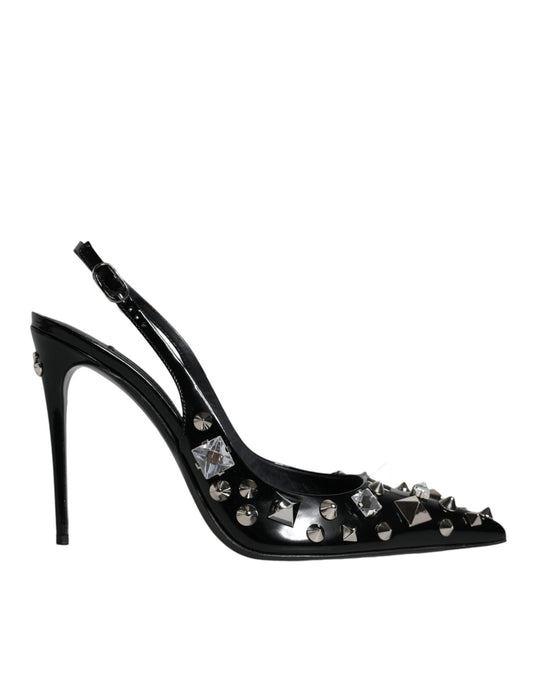 Dolce &amp; Gabbana Black Leather Crystal Stud Slingback Shoes