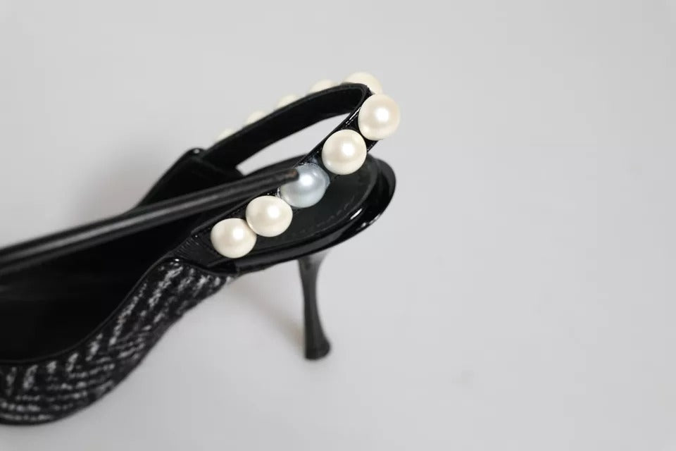 Dolce &amp; Gabbana White Black Chevron Faux Pearl Slingback Shoes