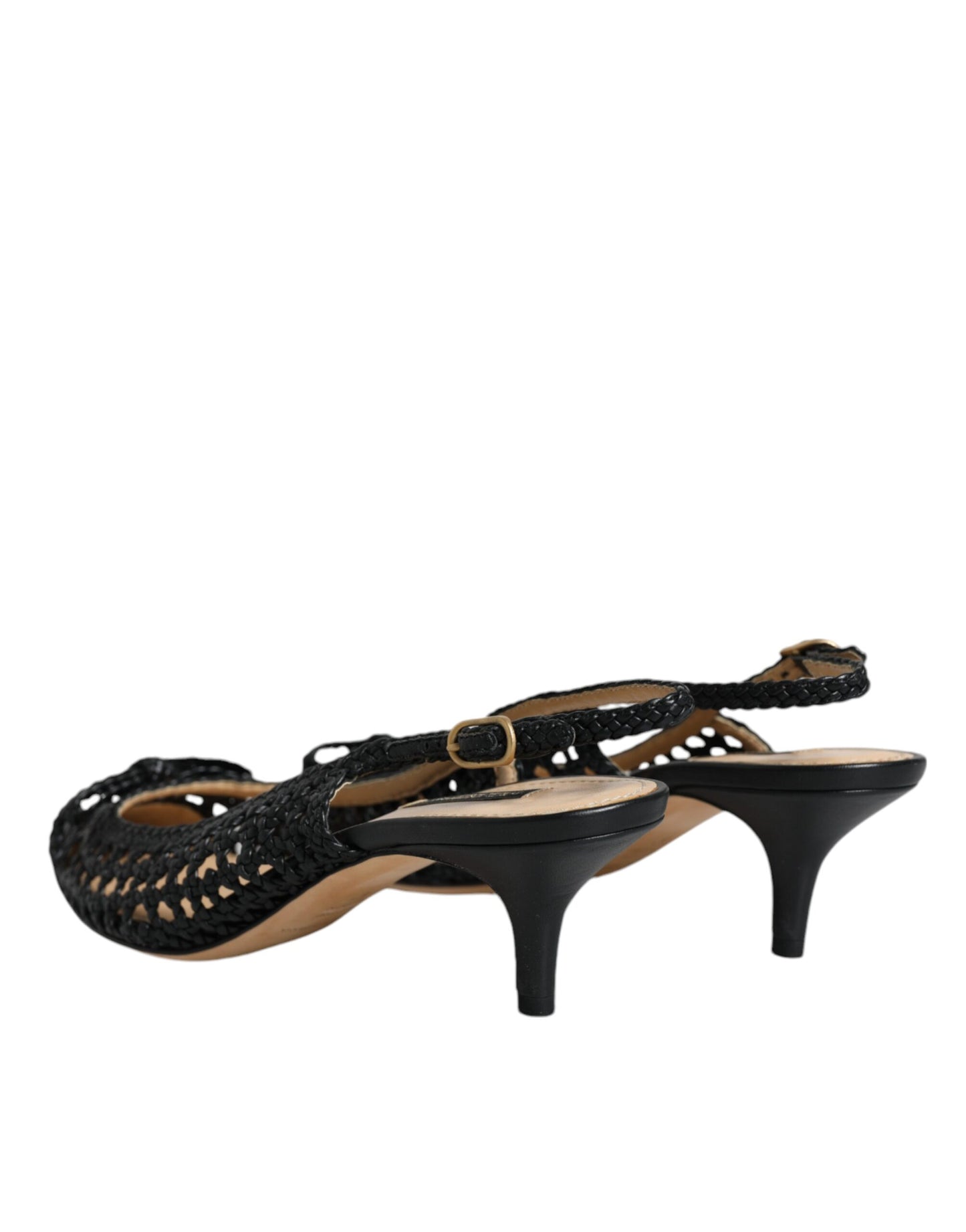 Dolce &amp; Gabbana Black Leather Woven Heels Slingback Shoes