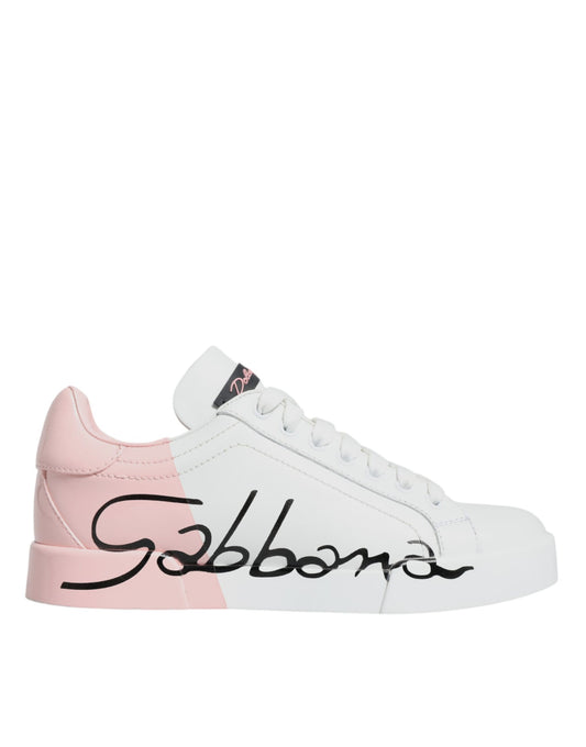 Dolce &amp; Gabbana White Pink Portofino Low Top Sneakers Shoes