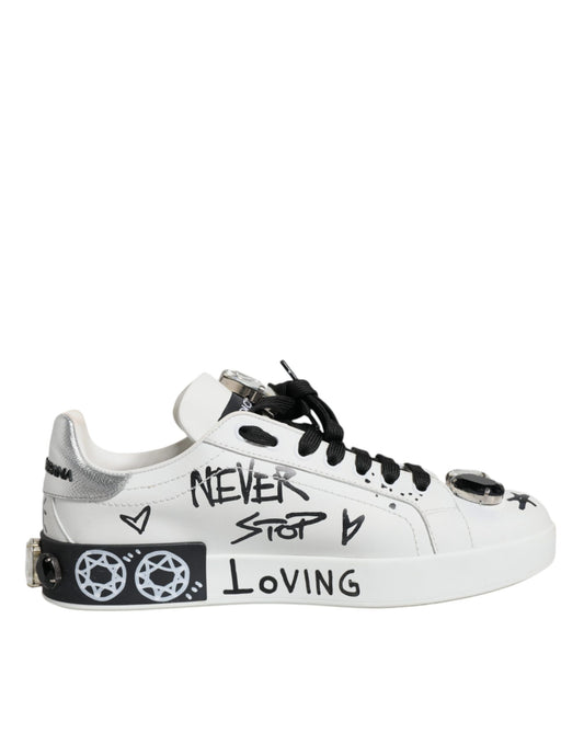 Dolce &amp; Gabbana White Crystal Portofino Low Top Sneaker Shoes