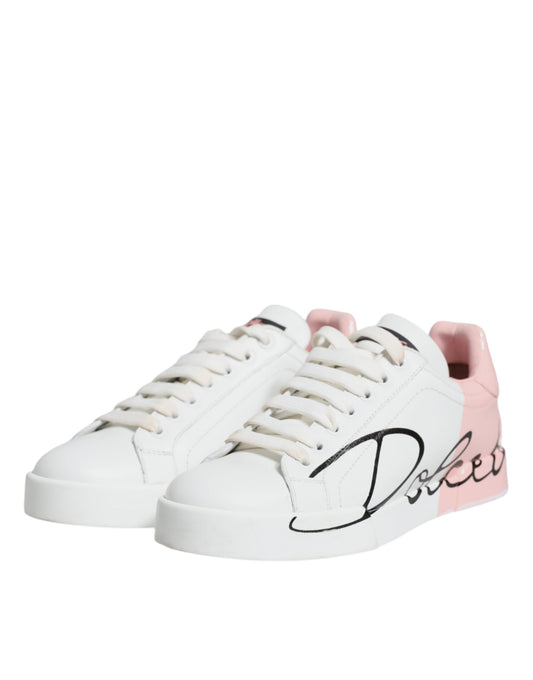 Dolce &amp; Gabbana White Pink Portofino Low Top Sneakers Shoes