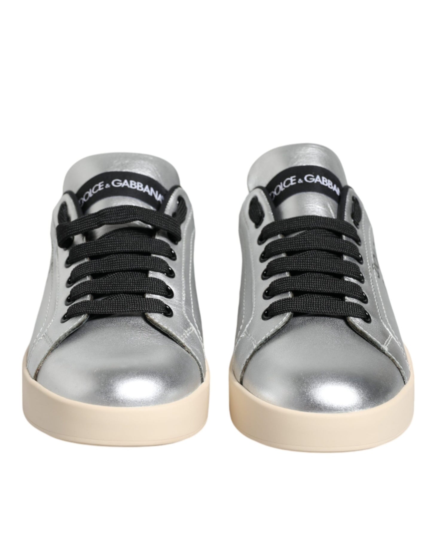 Dolce &amp; Gabbana Silver Calf Leather Portofino Sneakers Shoes