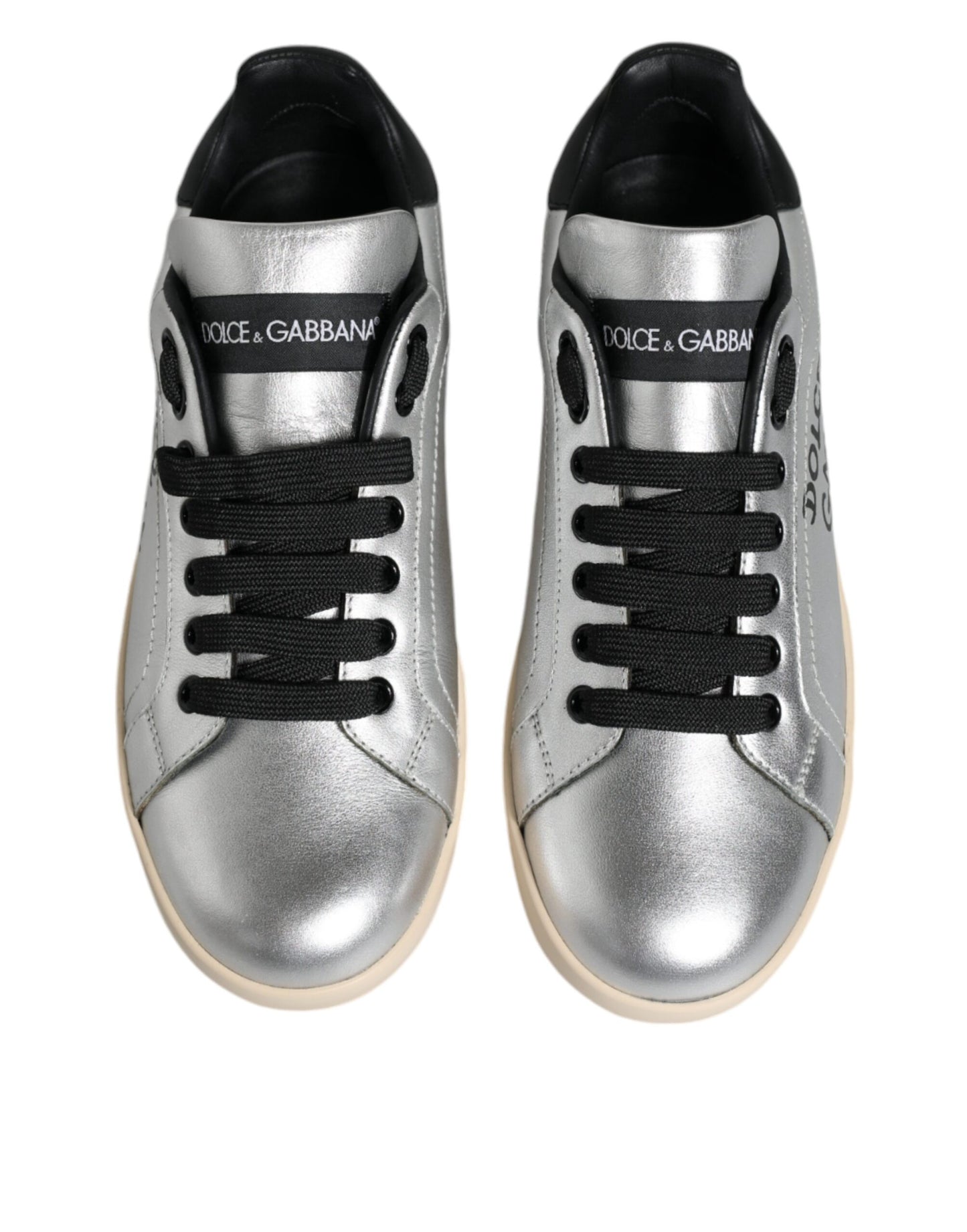 Dolce &amp; Gabbana Silver Calf Leather Portofino Sneakers Shoes