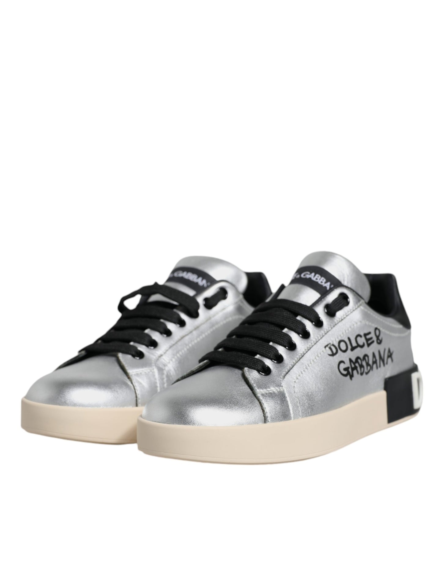 Dolce &amp; Gabbana Silver Calf Leather Portofino Sneakers Shoes