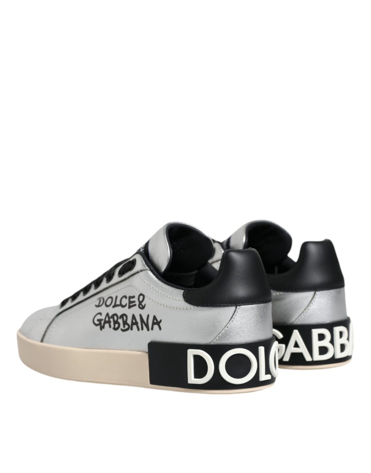 Dolce &amp; Gabbana Silver Calf Leather Portofino Sneakers Shoes