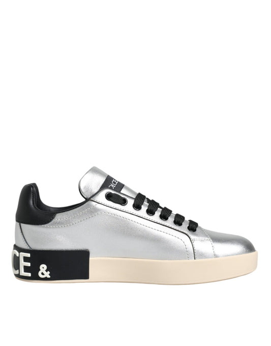 Dolce &amp; Gabbana Silver Calf Leather Portofino Sneakers Shoes