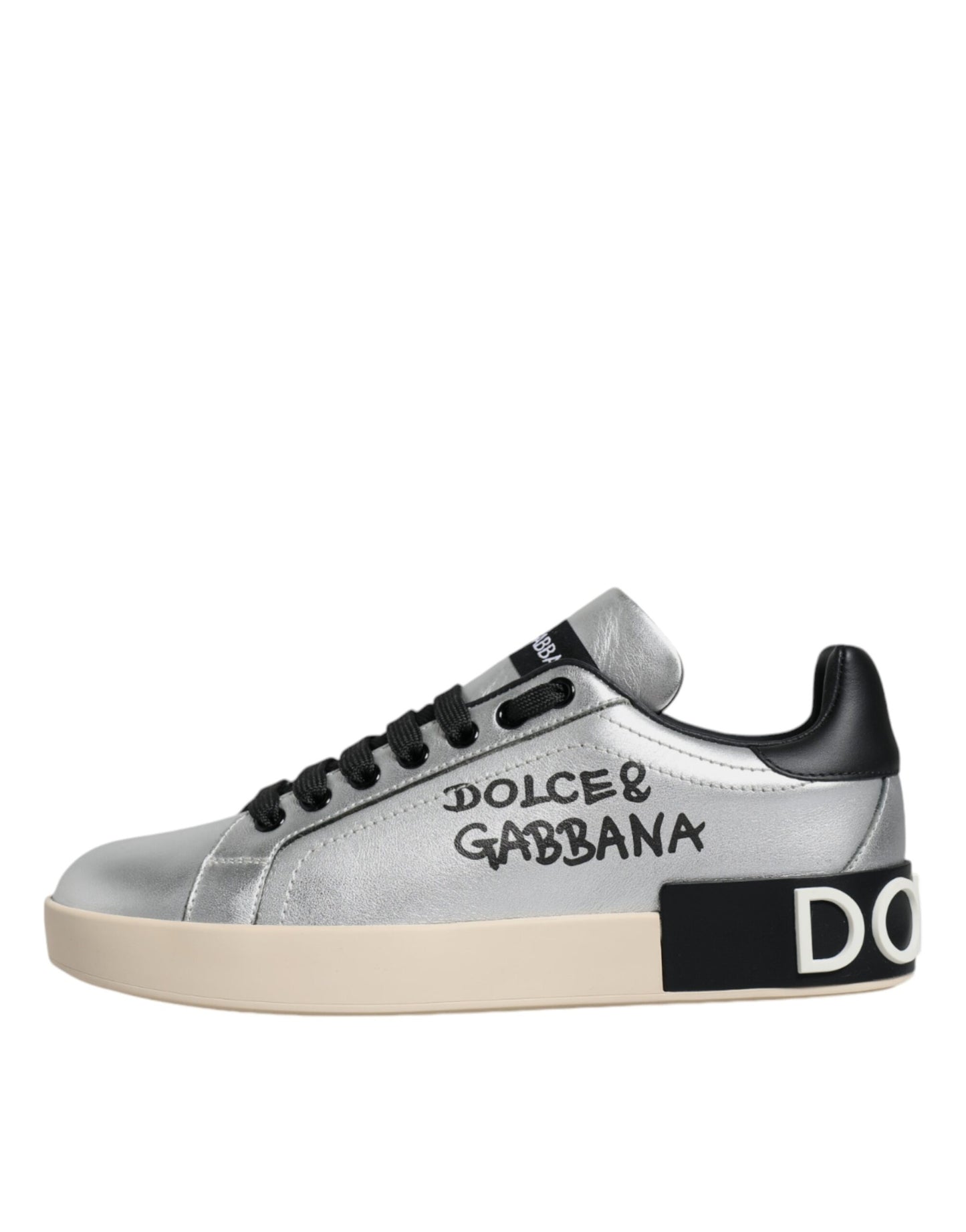 Dolce &amp; Gabbana Silver Calf Leather Portofino Sneakers Shoes