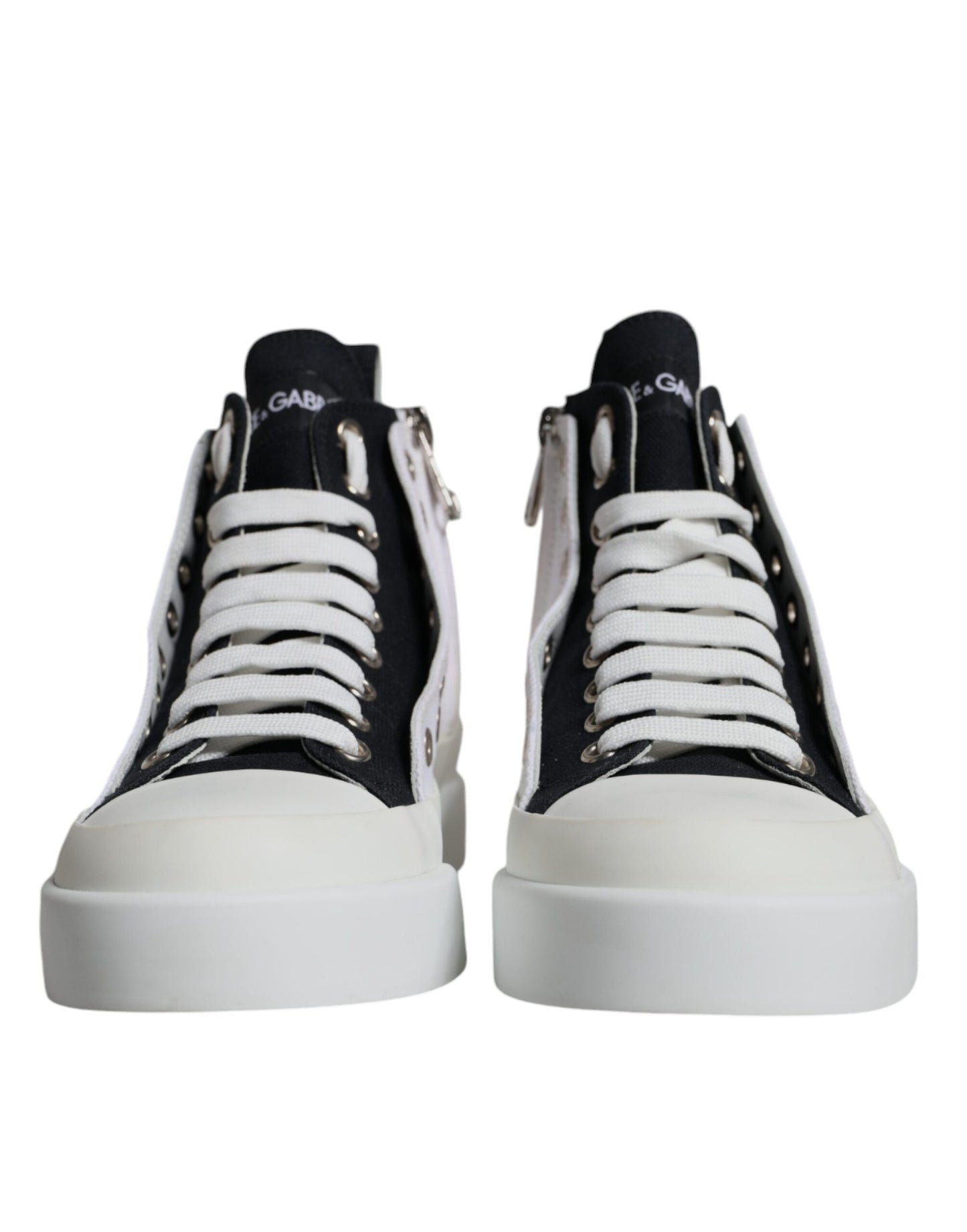 Dolce &amp; Gabbana White Black Canvas Logo Mid Top Sneakers Shoes